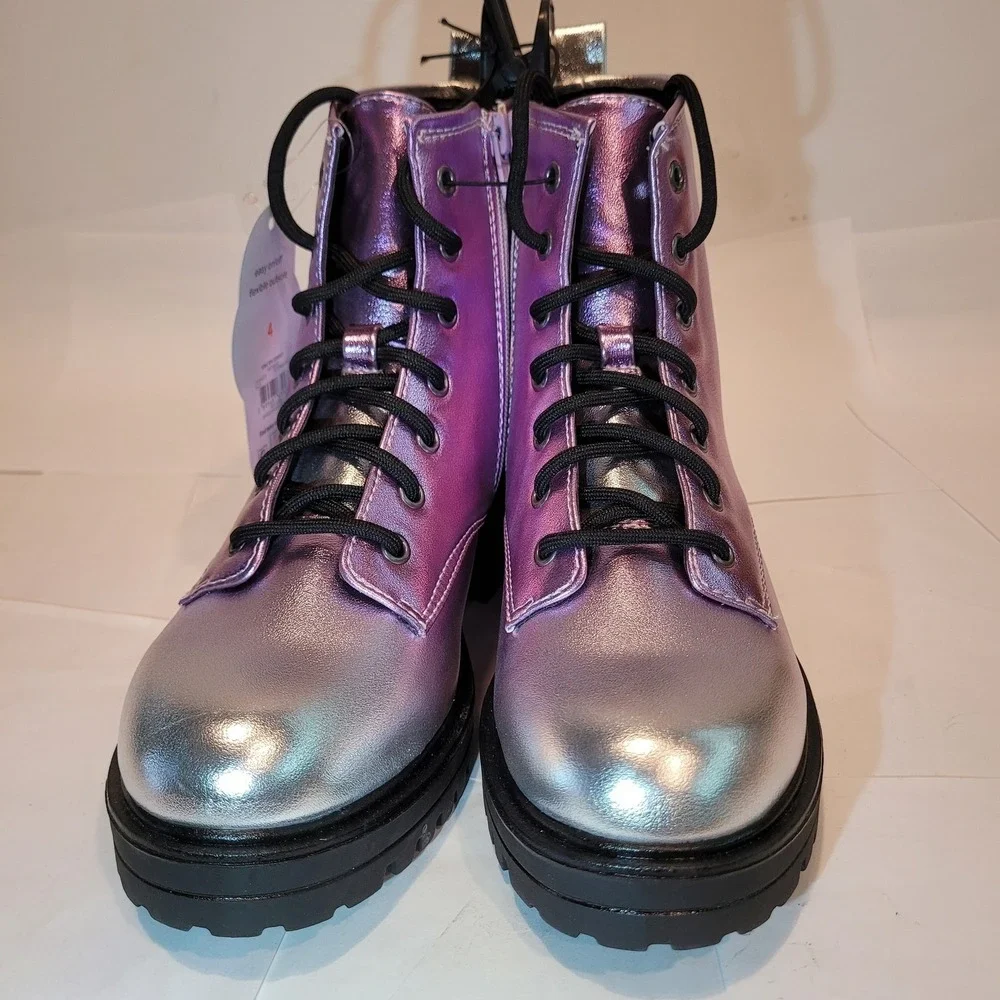 Wonder Nation Girls' Metallic Ombre Combat Boots Lace-Up‎ Purple Silver Size 4